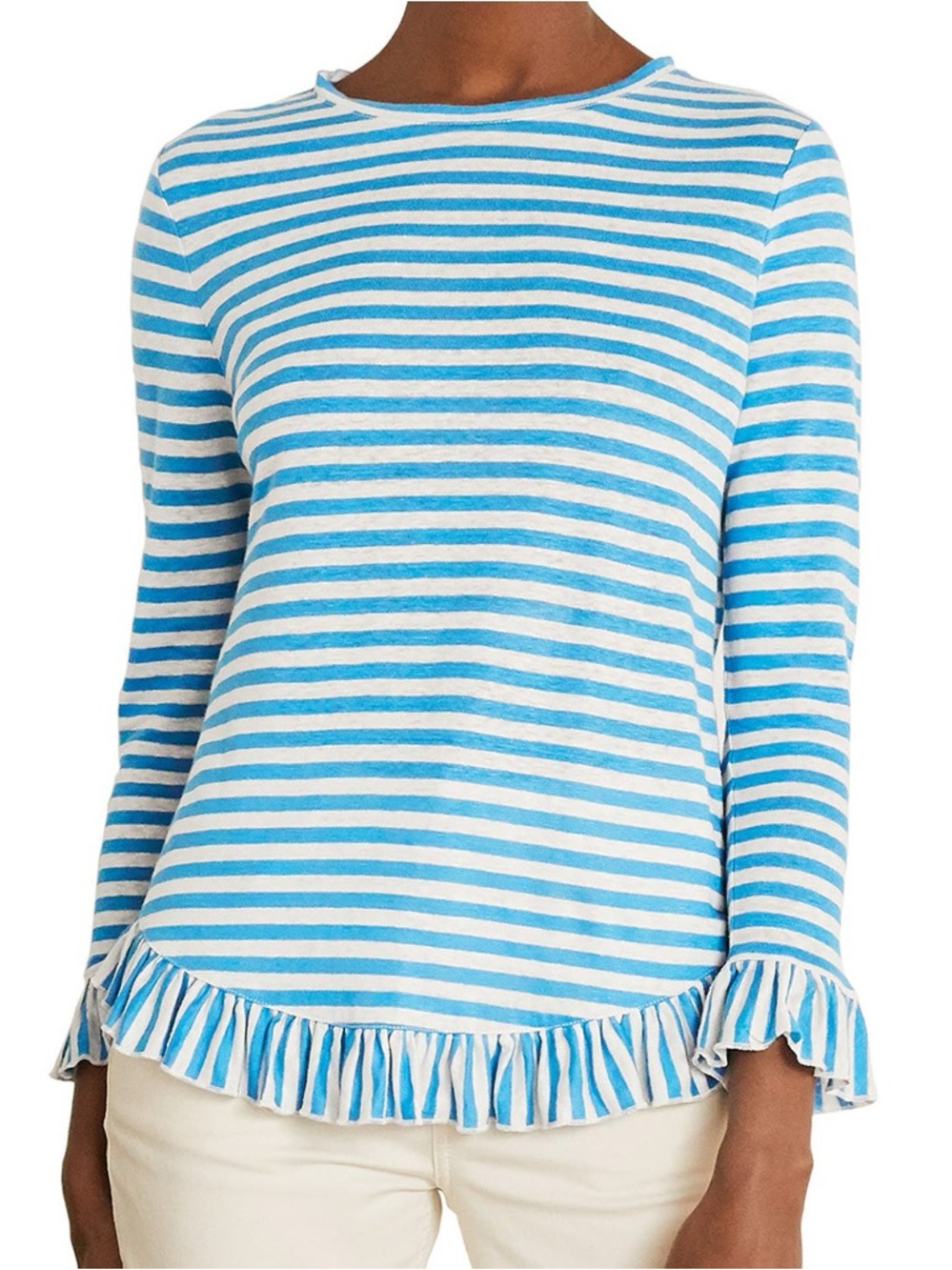 Boden Dorothy Linen Stripe Ruffle Top Blue Coastal Classic US 6 Parisian